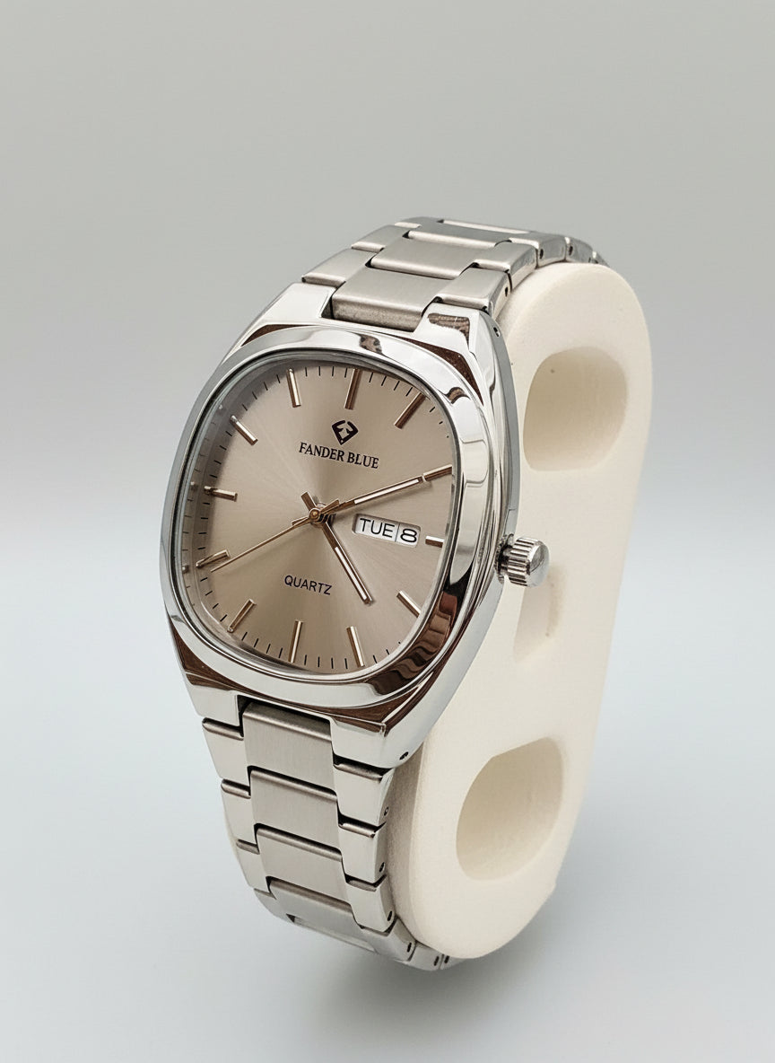 Silver wristwatch on a stand with a dark background