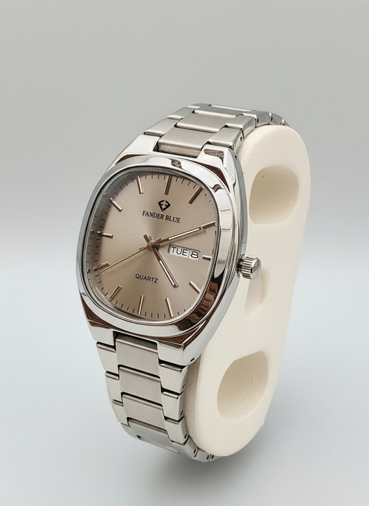 Silver wristwatch on a stand with a dark background