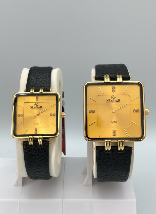 Couple Watch with Leather Strap-Golden Dial