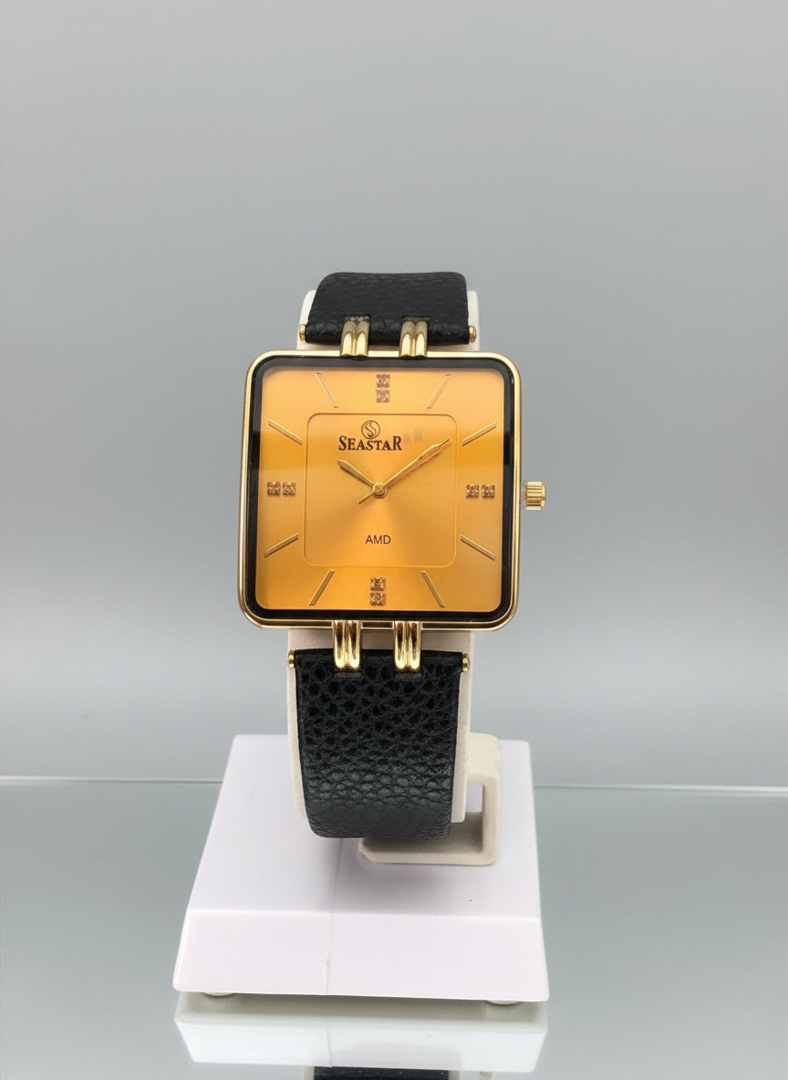 Couple Watch with Leather Strap-Golden Dial