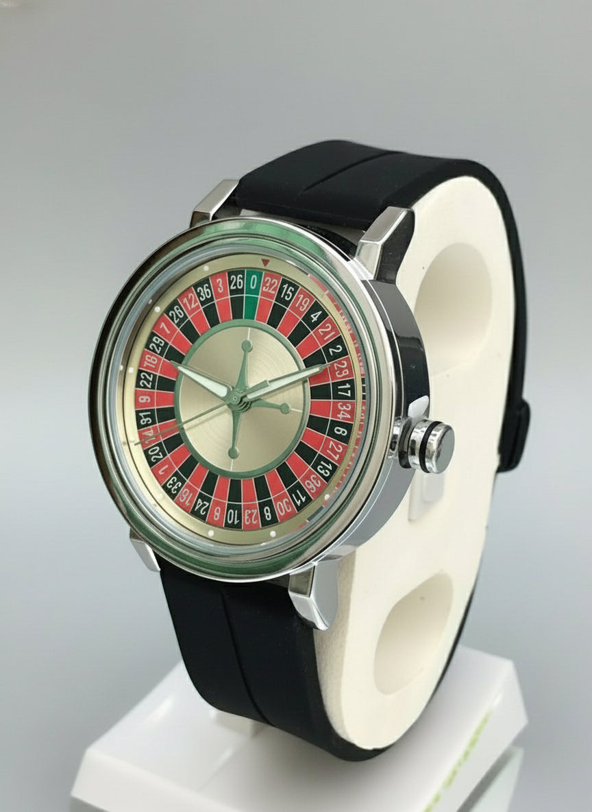 Wristwatch with roulette design on a gray background