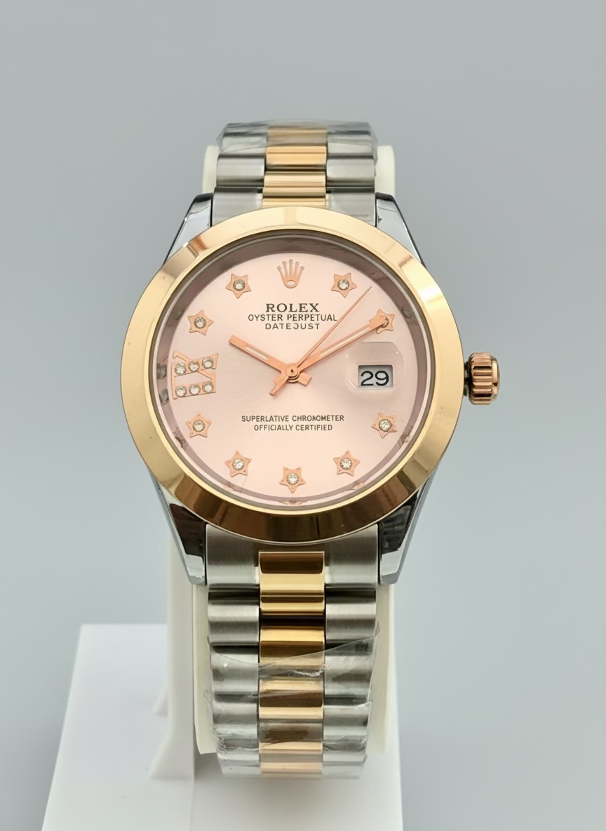 Two-tone Rolex watch with pink dial on a gray background