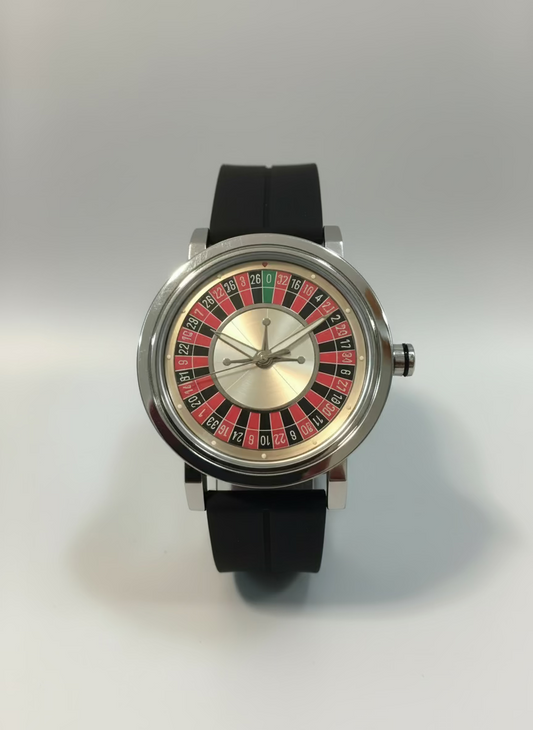 Wristwatch with roulette design on a reflective surface with a blue background