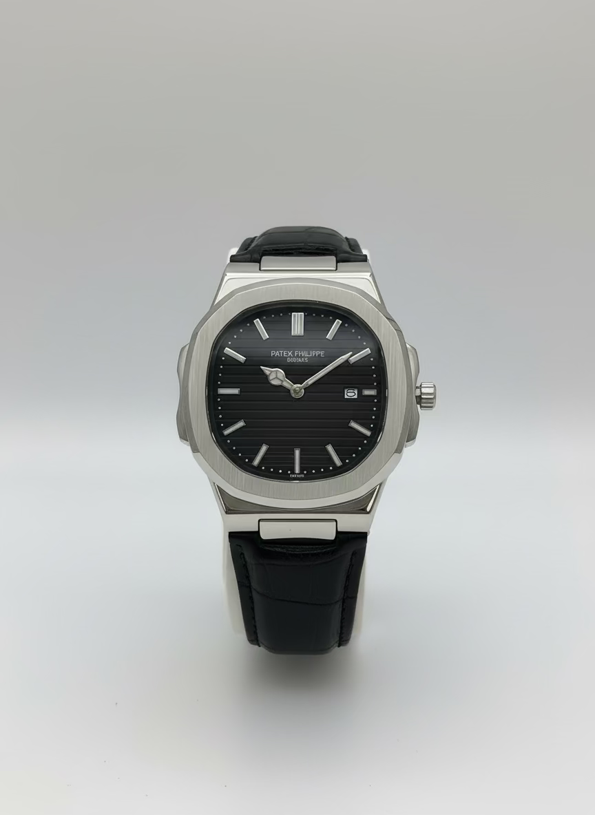 Patek Philippe watch on a white stand with a colorful abstract background